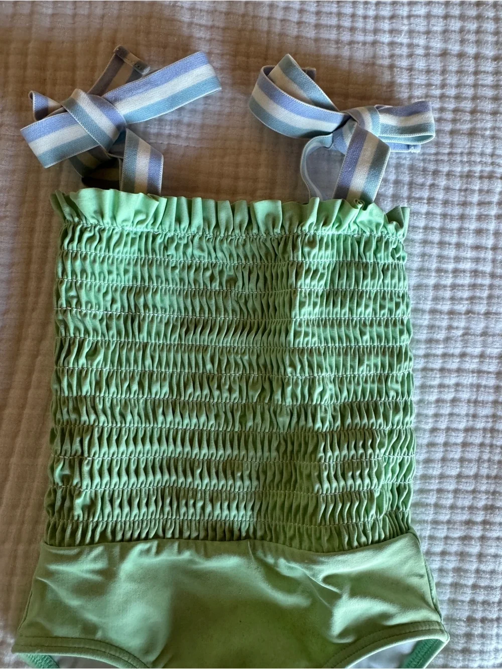MinnowSmocked Green Girls One-Piece Swimsuit with Striped Tie Straps - Kids